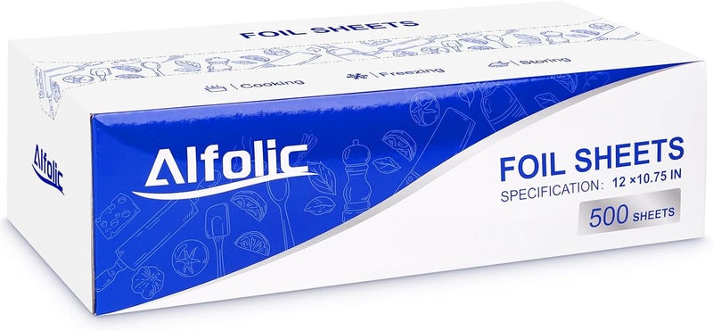 Alfolic Aluminum Foil Sheets - 12" x 10.75" Pre Cut Tin Foil, Premium Aluminum Foil Wraps for Cooking, Storing Food - 500 Sheets - Image 1